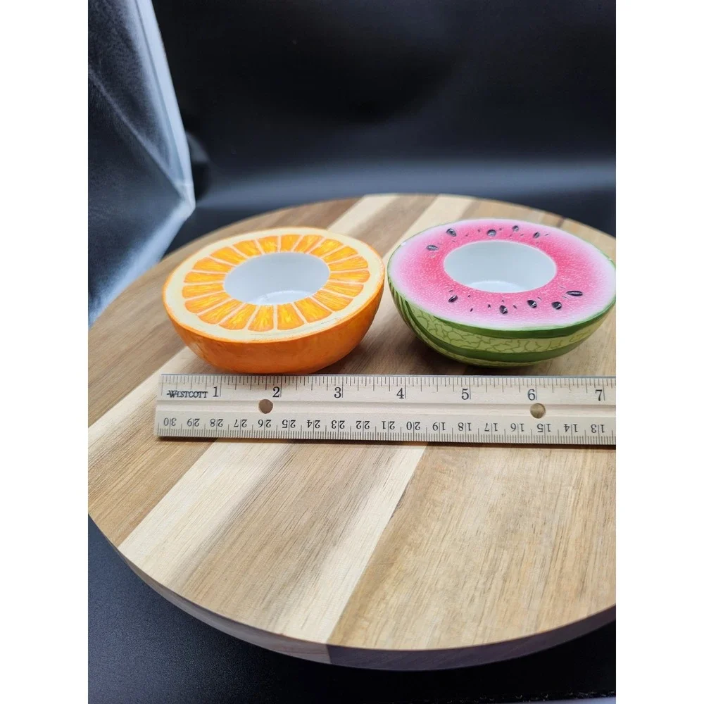 Vintage Pair Of Ceramic Partylite Fruit Votive Candle Holder Orange & Watermelon - Picture 7 of 8
